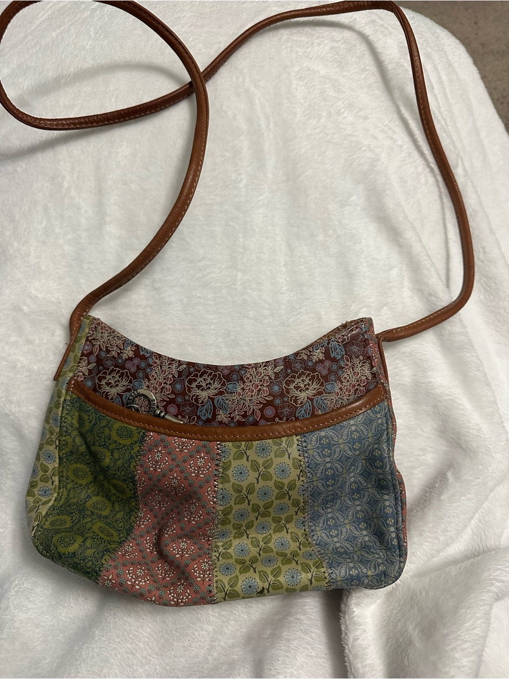 Fossil Multi-Panel Floral Patchwork Crossbody in Brown Strap